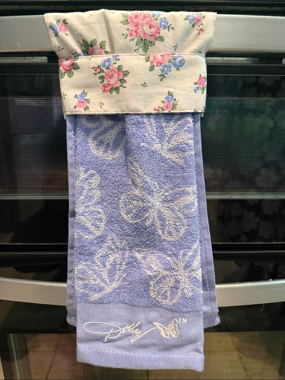 Handmade Lilac Butterfly Kitchen Towel with Floral Top